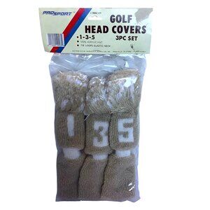 Vtg‎ Prosport Golf Head Covers 3PC 1-3-5 Acrylic Knit Tie Loop Elastic Neck Tan